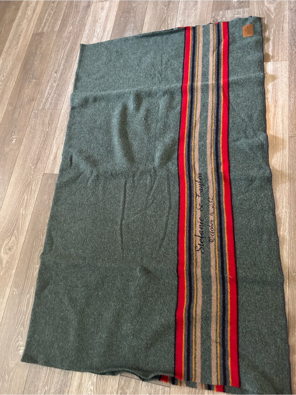 Pendleton Green Wool Blanket with Red and Multicolor Stripe